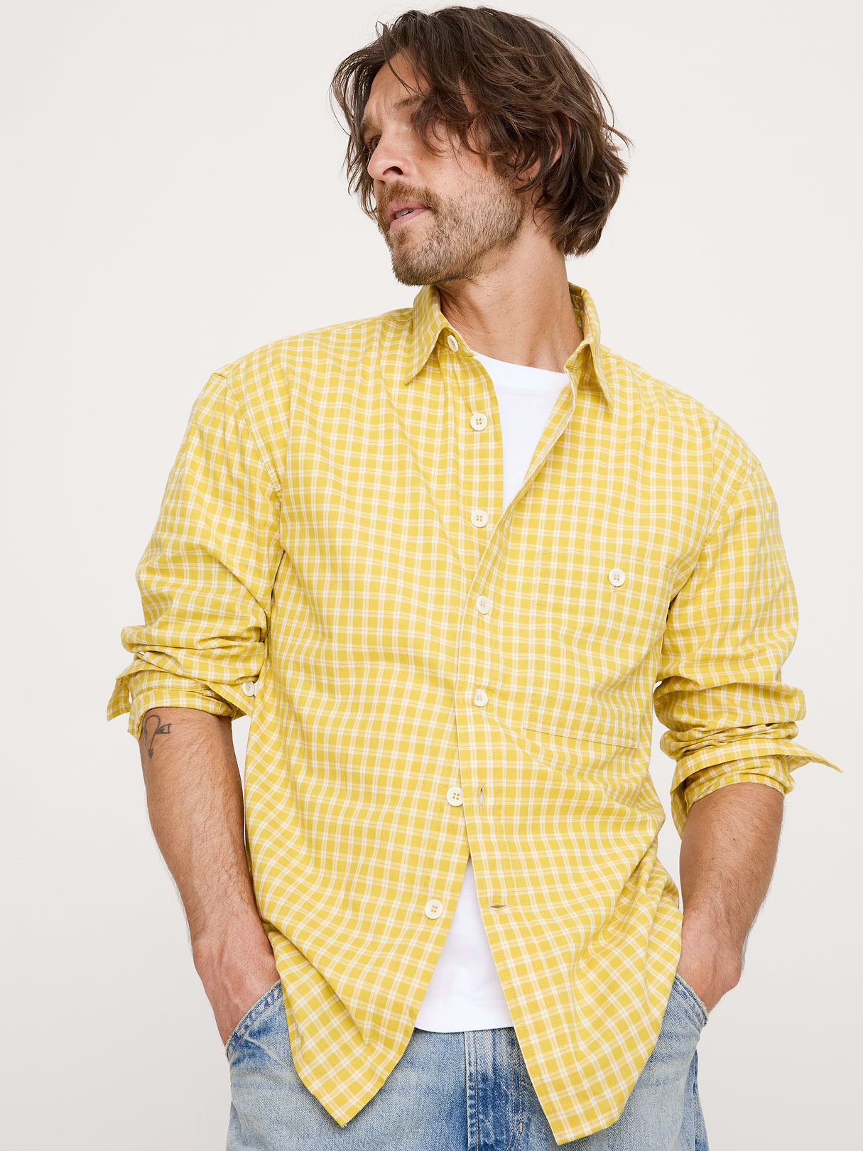 Relaxed-Fit Washed Cotton Poplin Shirt - Yellow Plaid