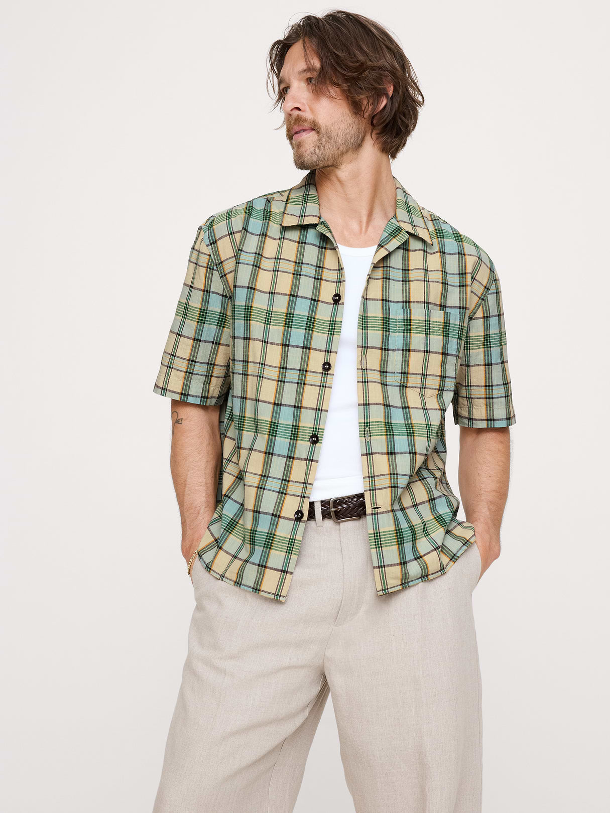 Relaxed-Fit Summerweight Cotton Short-Sleeve Shirt - Green & Yellow Plaid