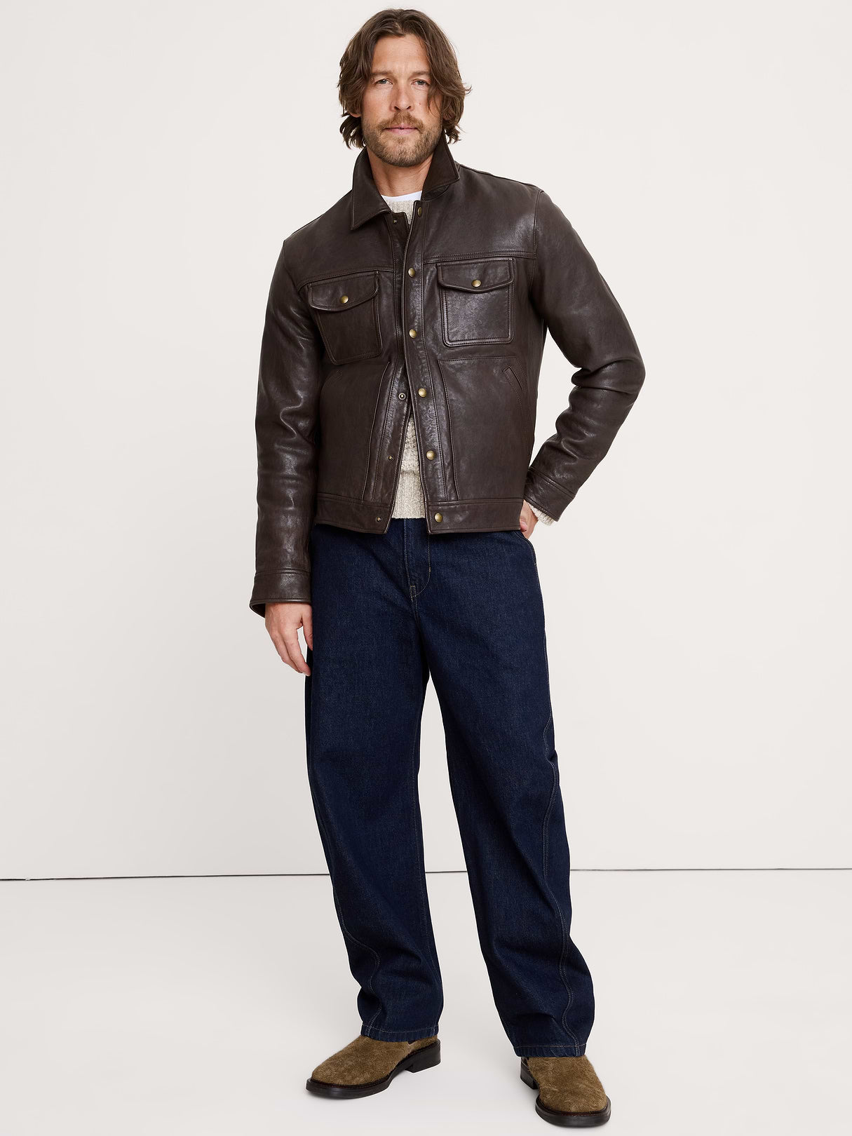 Leather Trucker Jacket - Chocolate Brown
