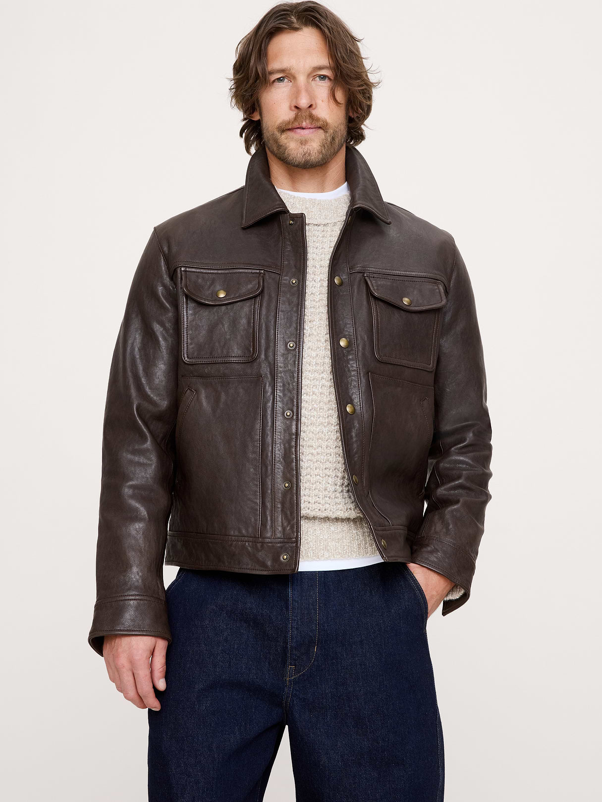 Leather Trucker Jacket - Chocolate Brown