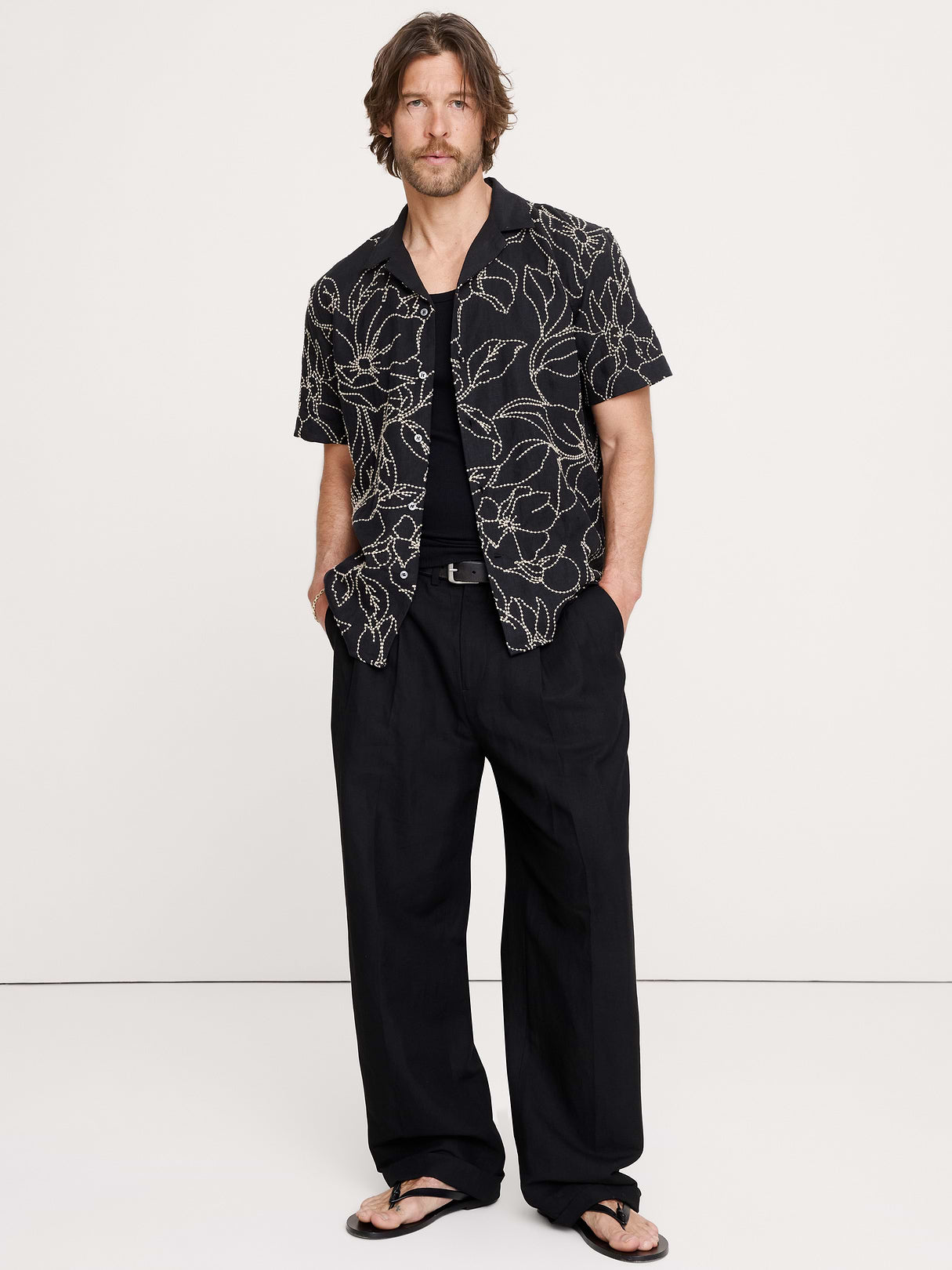 Standard-Fit Embroidered Linen Resort Shirt - Black