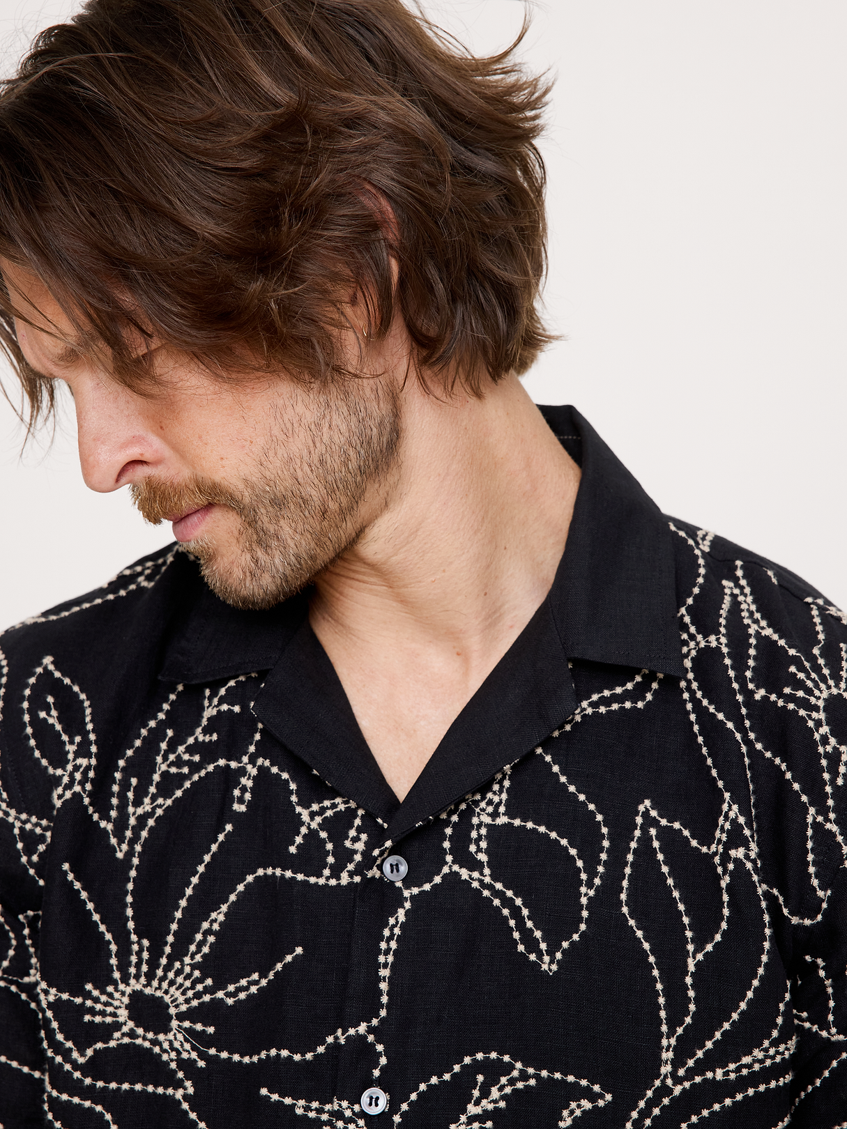 Standard-Fit Embroidered Linen Resort Shirt - Black