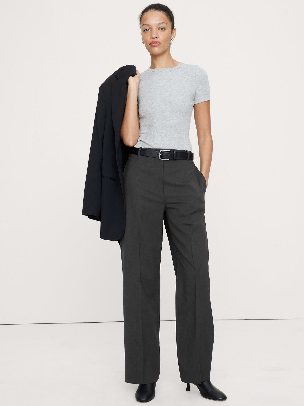 Ultra High-Rise Modern Straight Italian Lightweight Wool Pant - Charcoal Gray