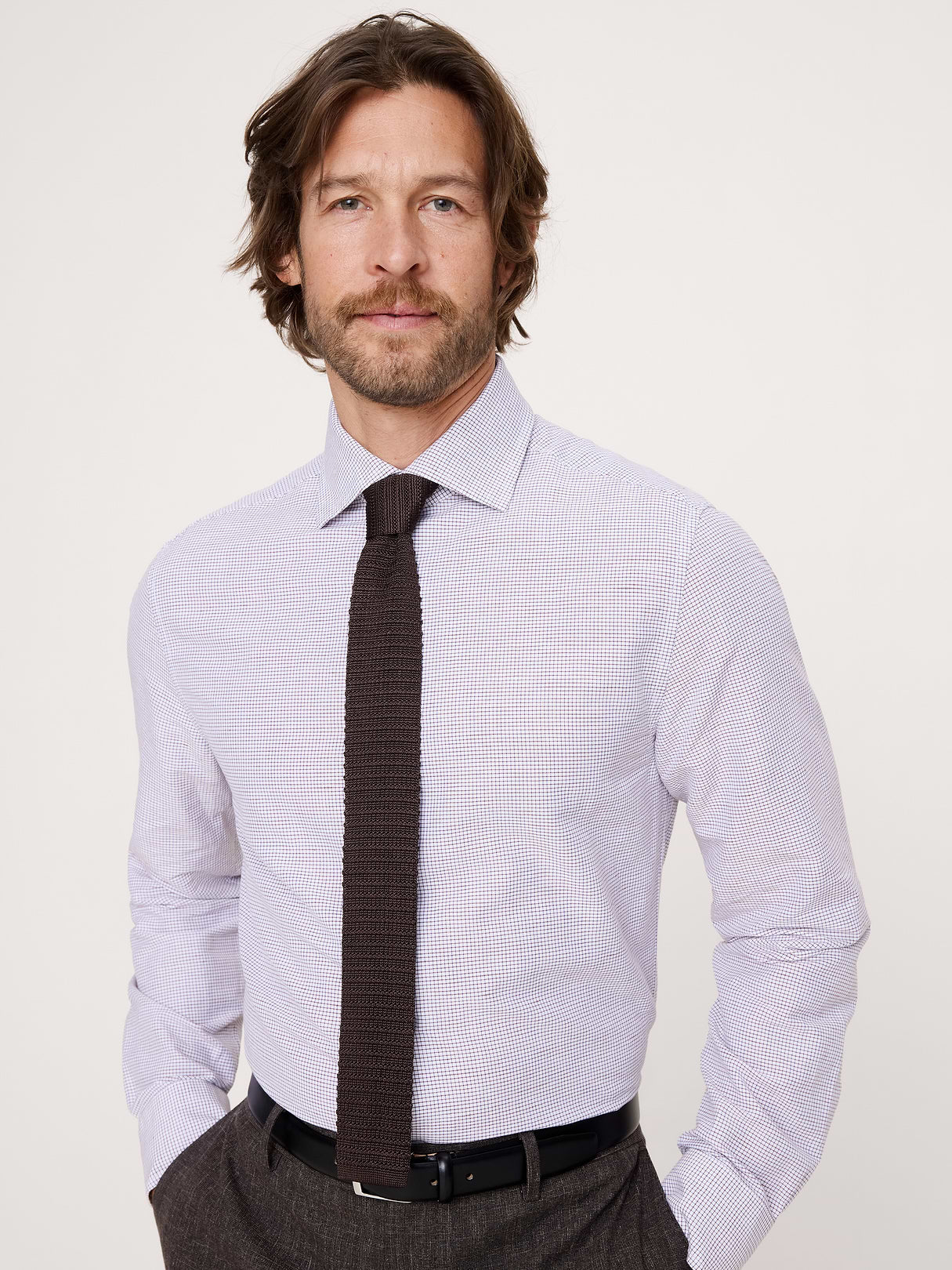 Slim-Fit Linen-Cotton Dress Shirt - Brown Grid