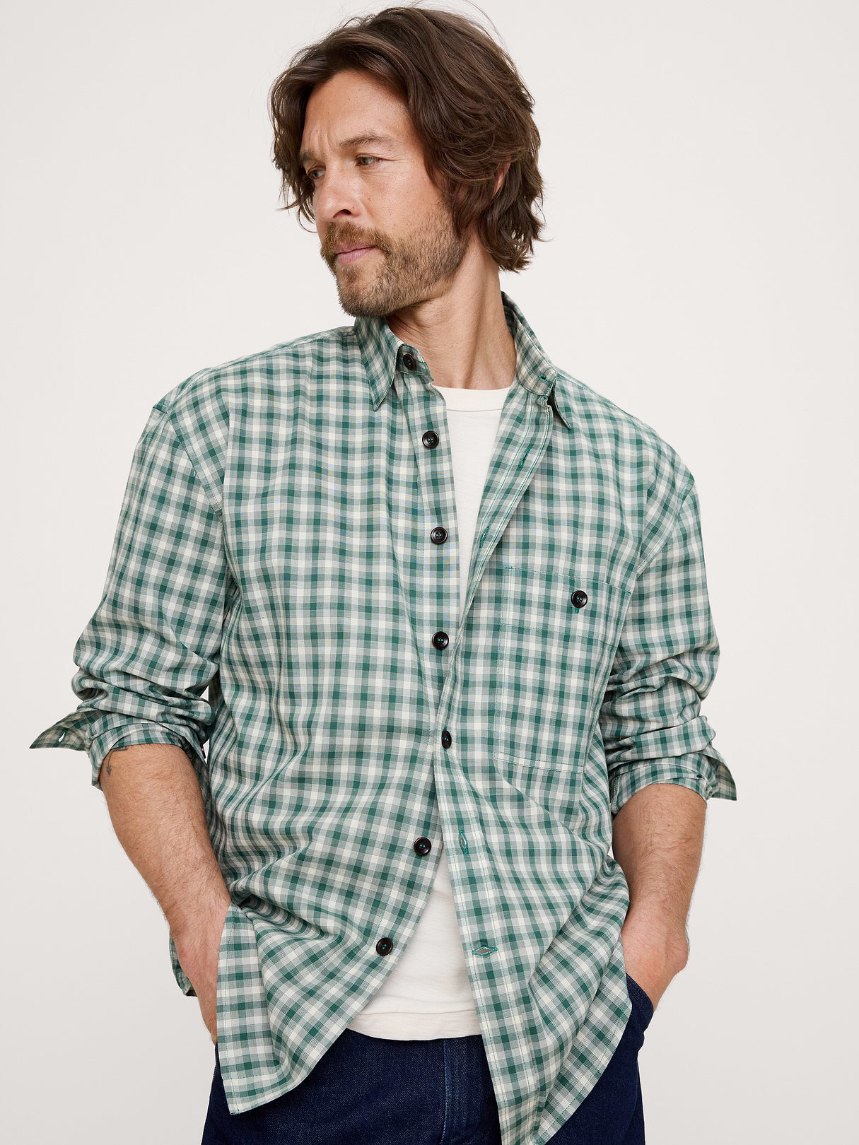 Relaxed-Fit Washed Cotton Poplin Shirt - Green Plaid