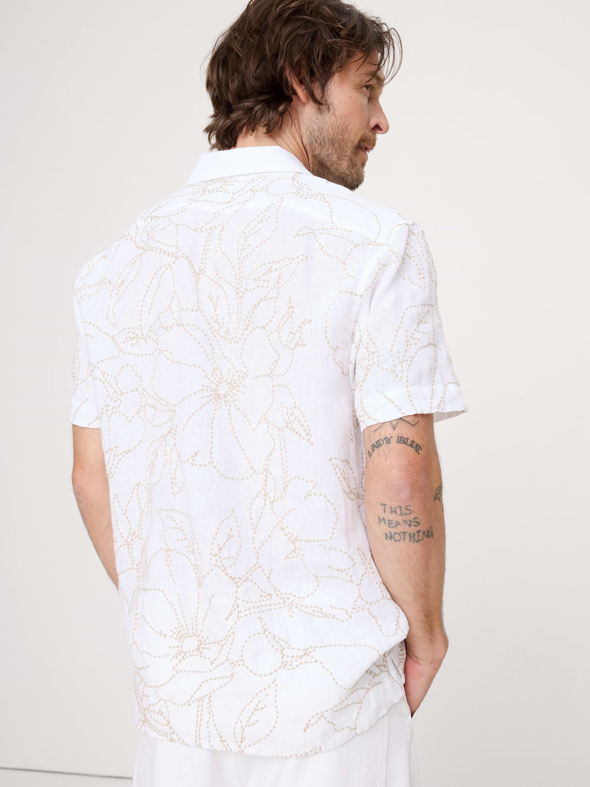 Standard-Fit Embroidered Linen Resort Shirt - Cream White