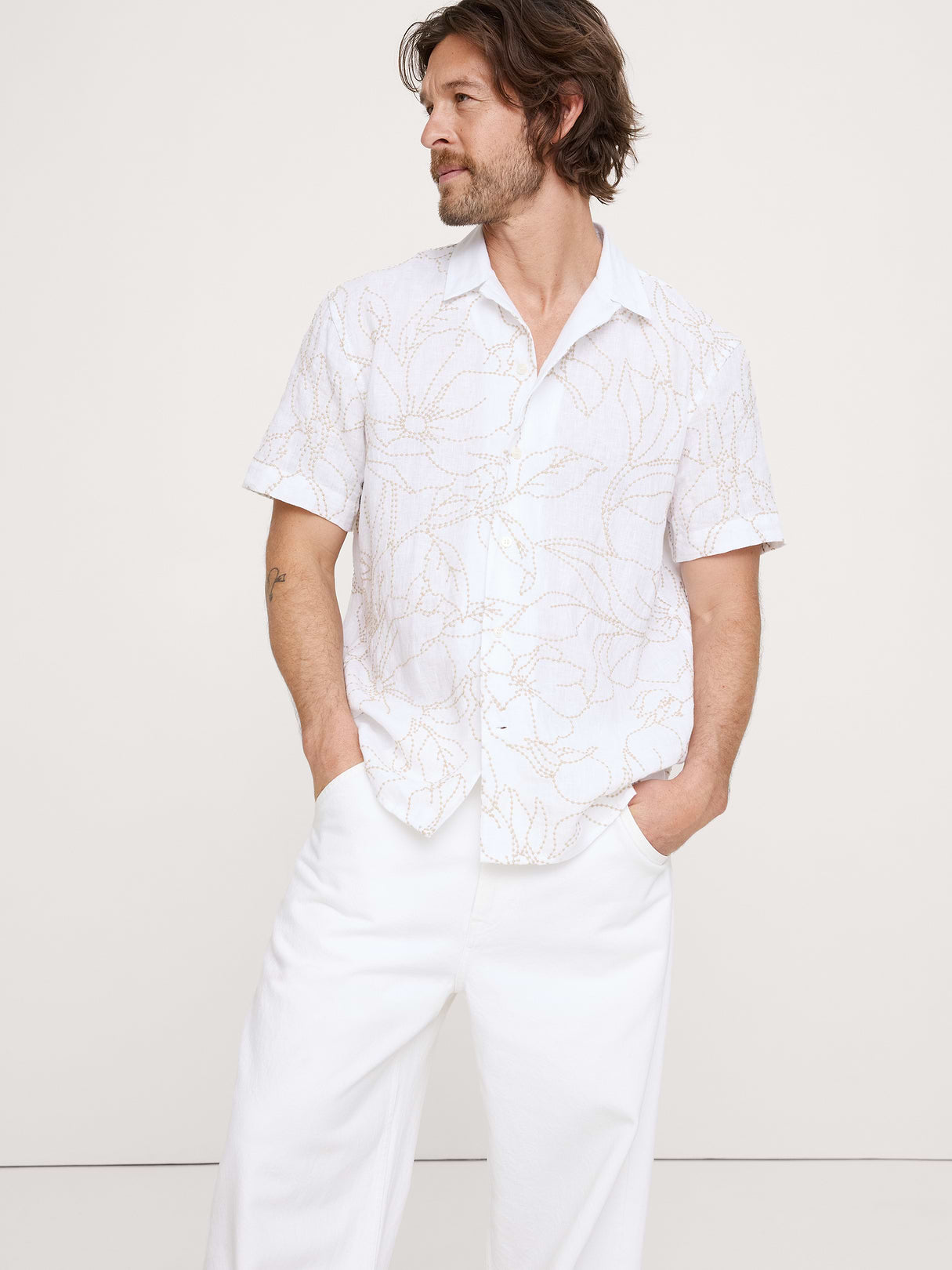 Standard-Fit Embroidered Linen Resort Shirt - Cream White