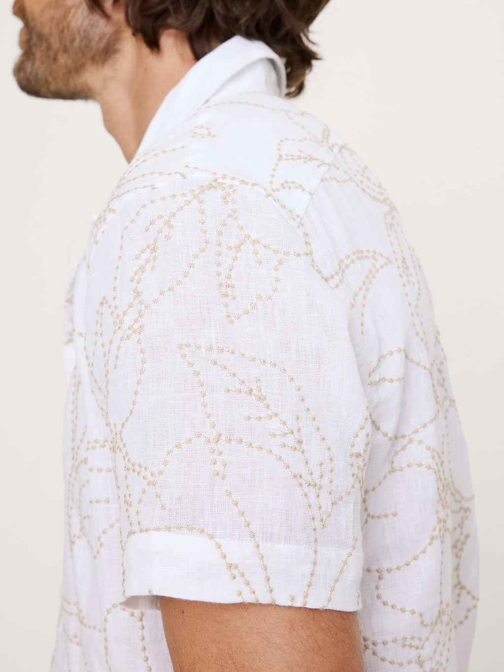 Standard-Fit Embroidered Linen Resort Shirt - Cream White