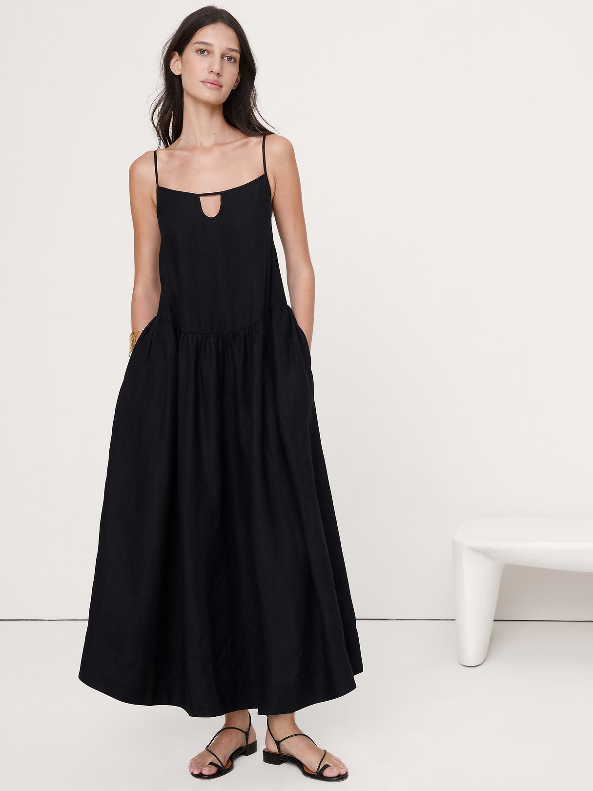 Linen Drop-Waist Maxi Dress - Black