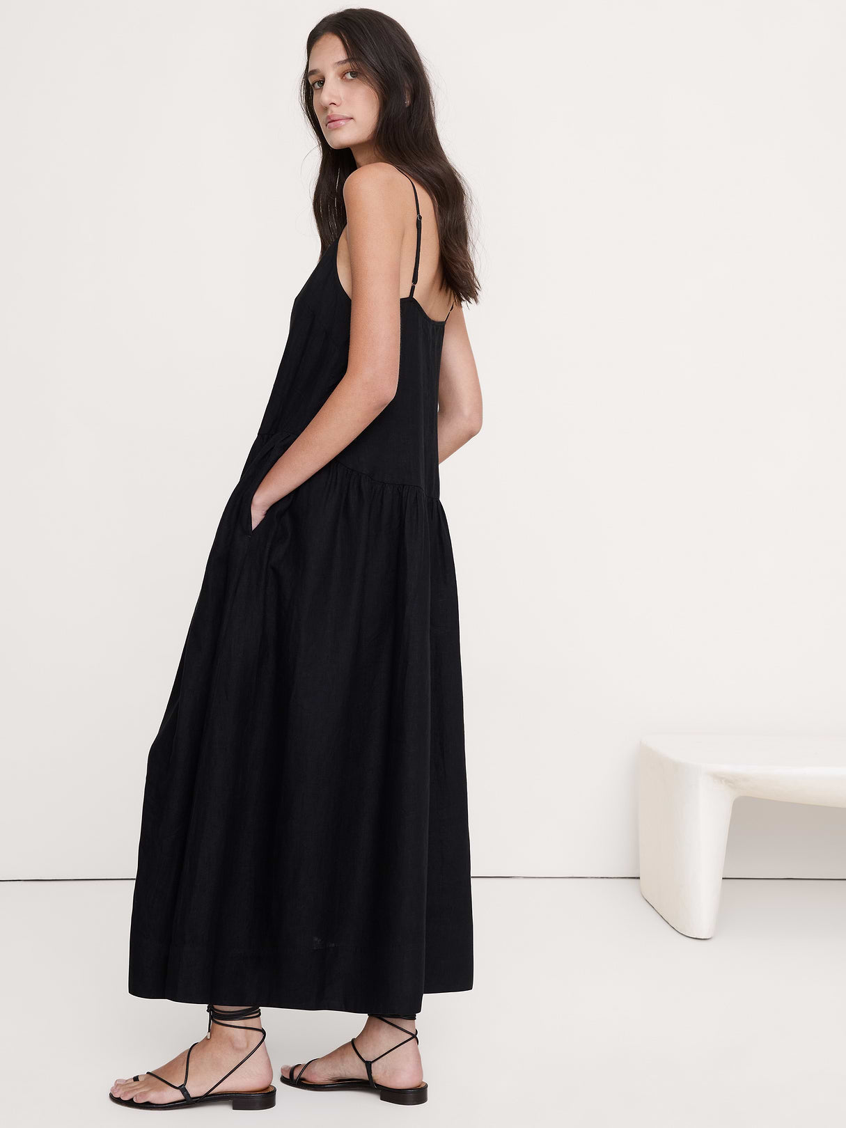 Linen Drop-Waist Maxi Dress - Black