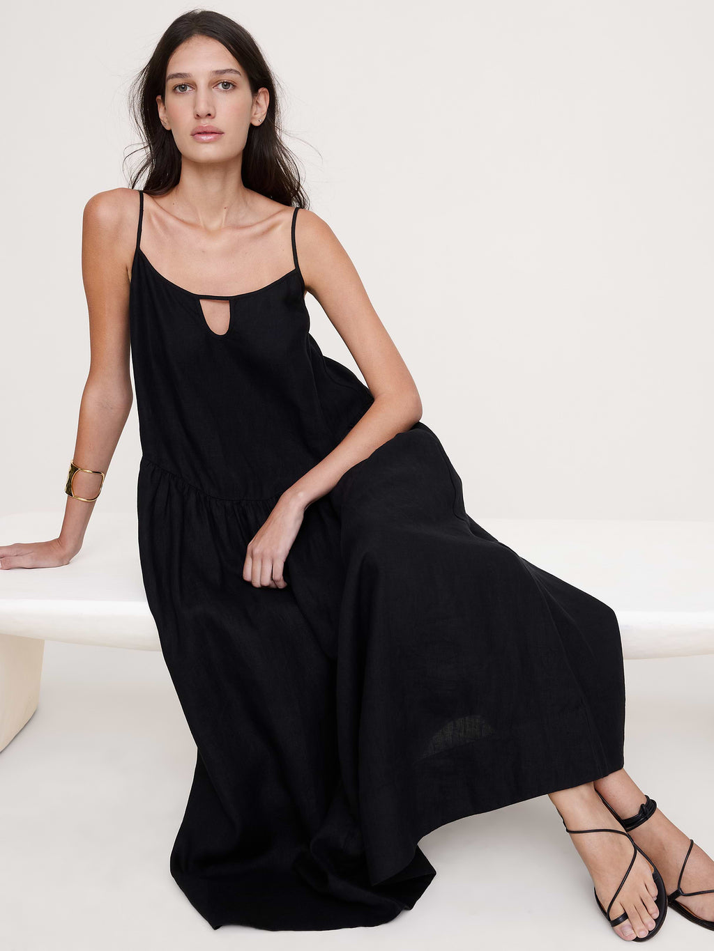 Linen Drop-Waist Maxi Dress - Black