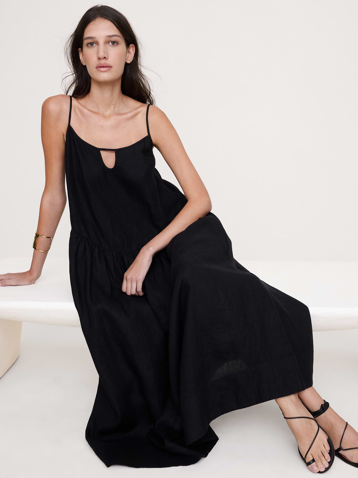 Linen Drop-Waist Maxi Dress - Black