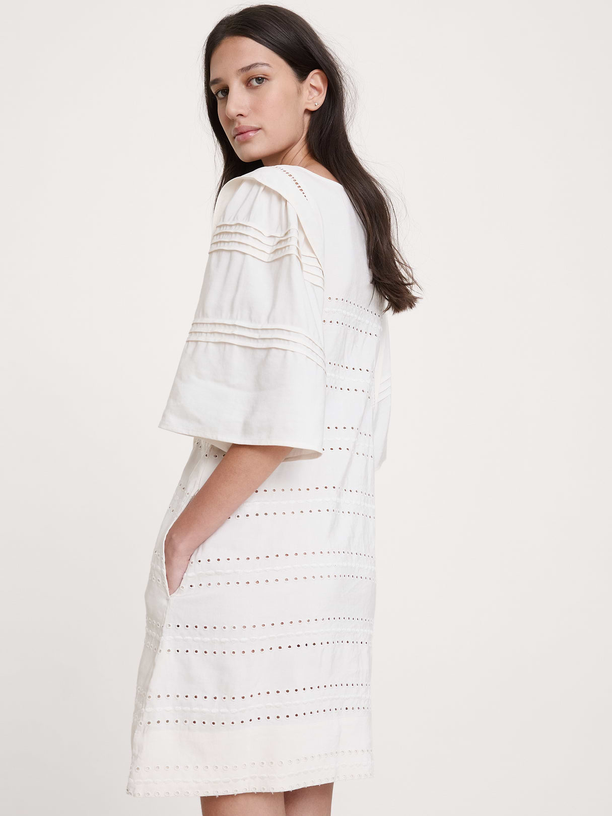 Tencel™-Linen Eyelet Mini Dress - Ivory with Embroidery