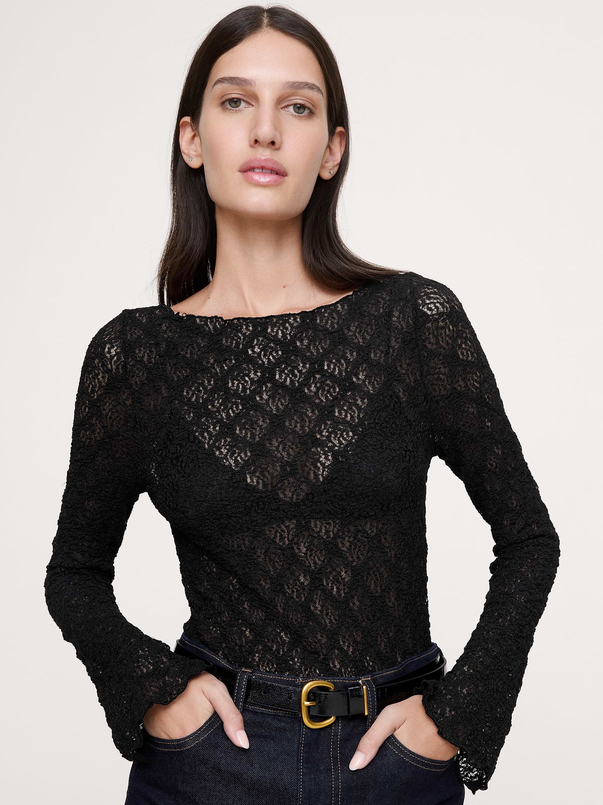 Lace Flare-Sleeve Top - Black