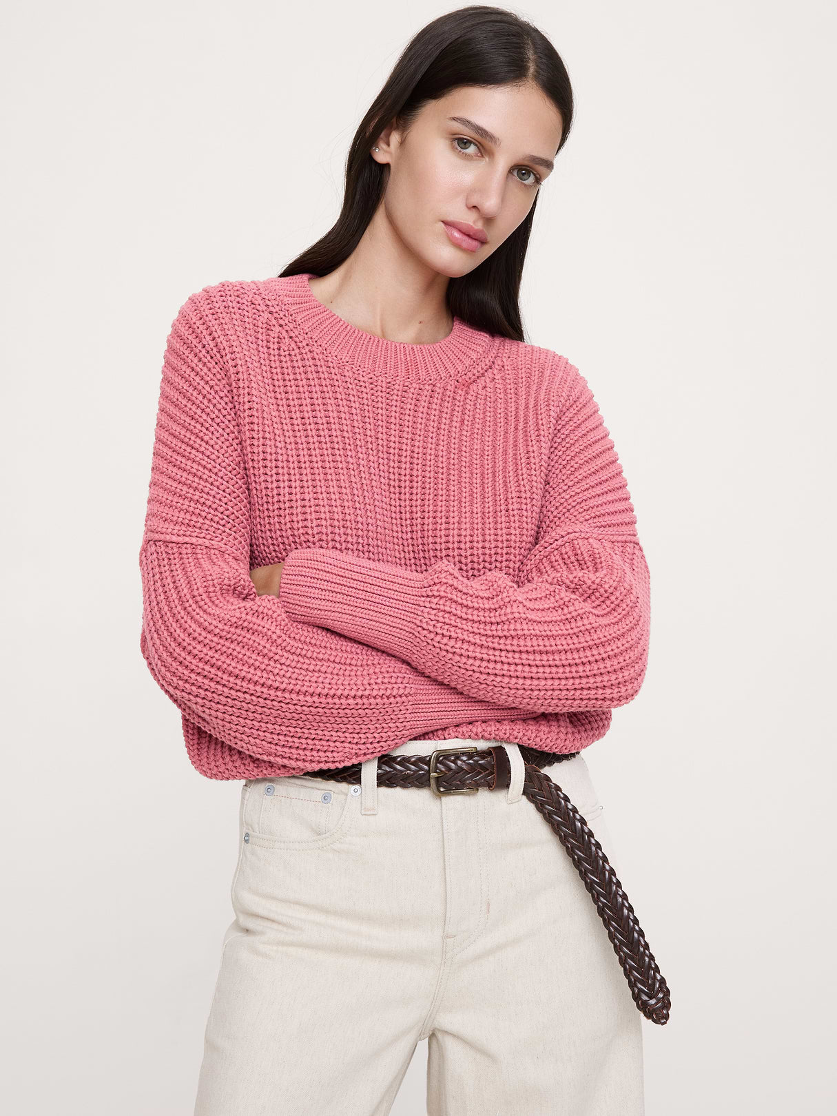 Chunky Cotton Crew-Neck Sweater - Mauve Romance