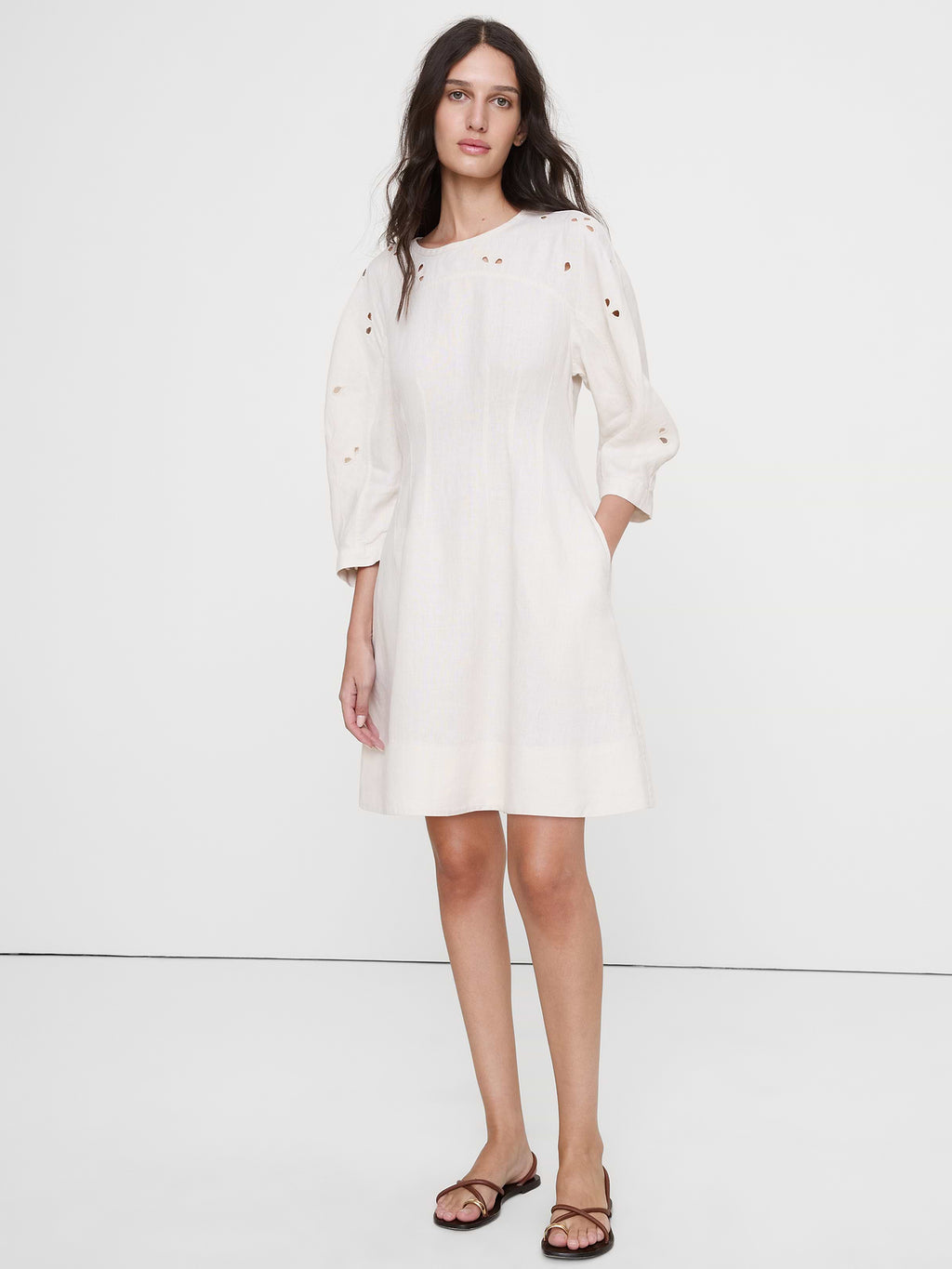 Eyelet Linen Mini Dress - Ivory with Embroidery