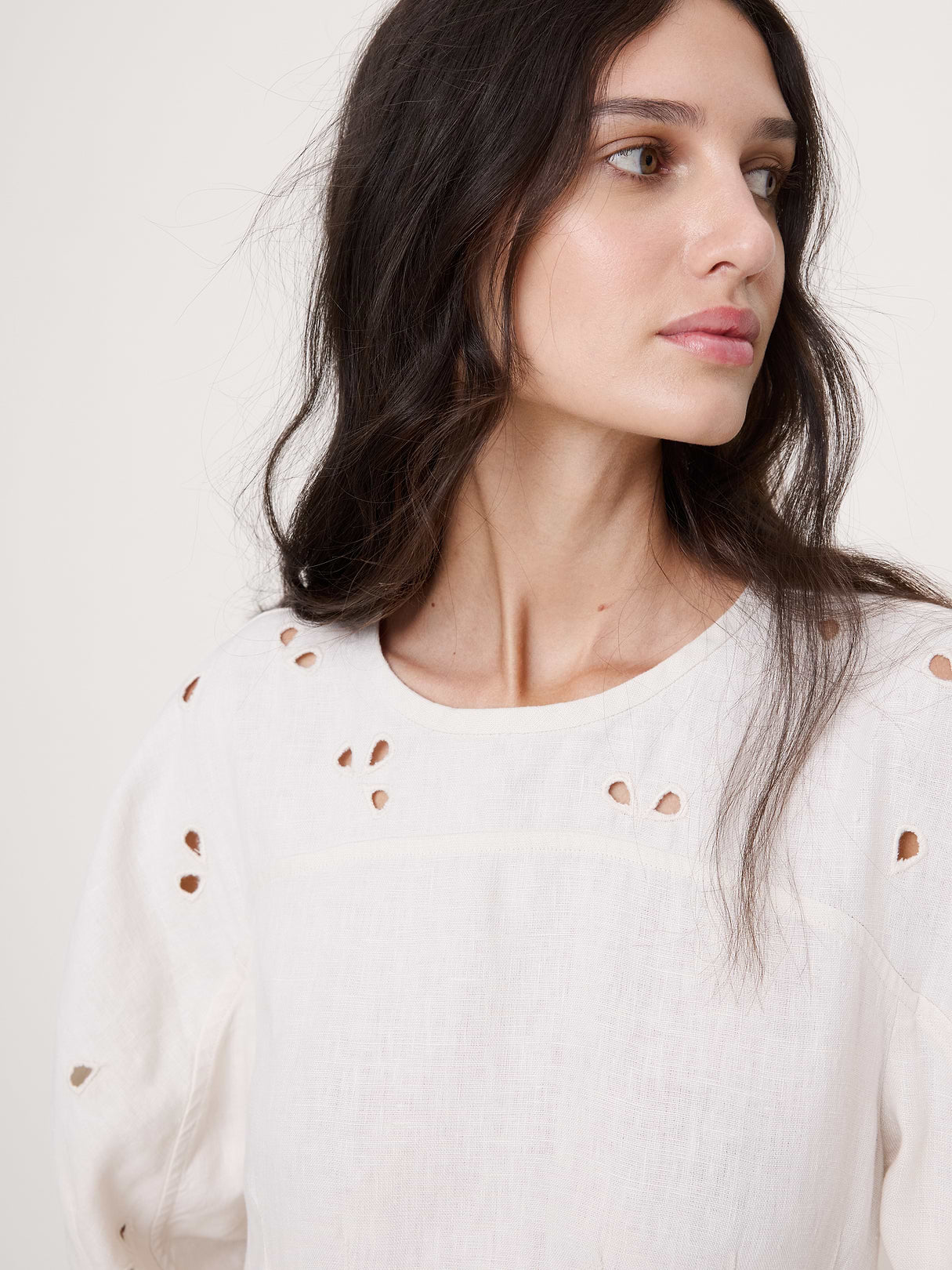 Eyelet Linen Mini Dress - Ivory with Embroidery