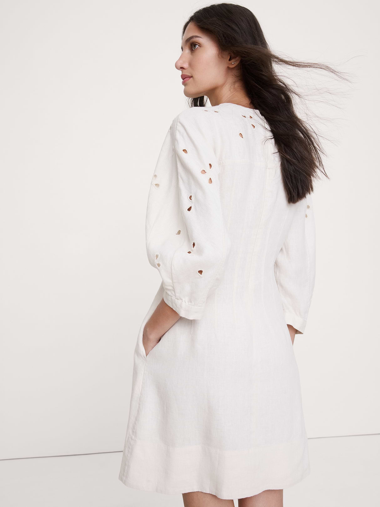 Eyelet Linen Mini Dress - Ivory with Embroidery