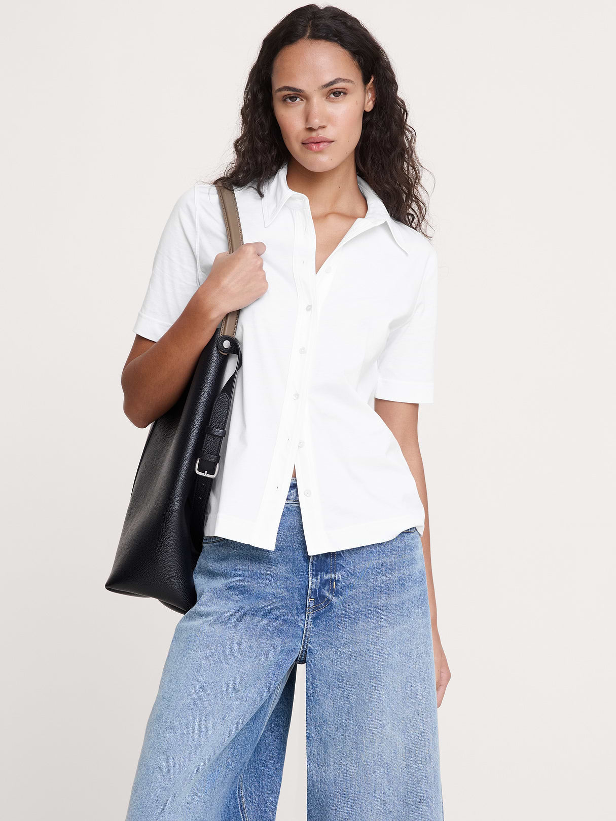 Silky Cotton Short-Sleeve Button-Down Top - White