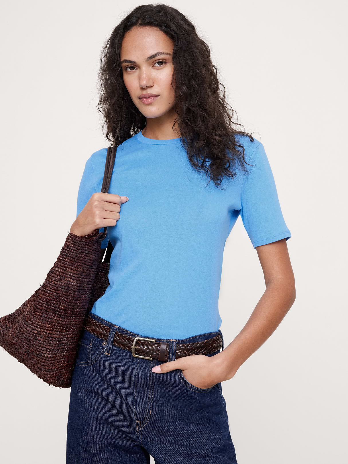 Airy Cotton Elbow-Sleeve T-Shirt - Blue Surf