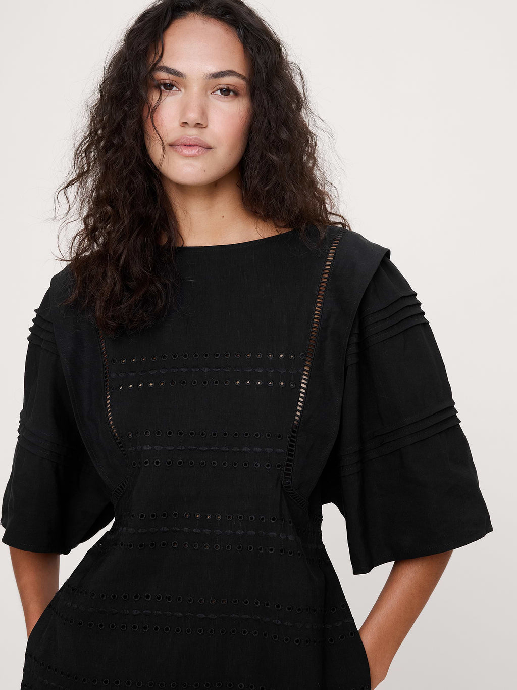 Tencel™-Linen Eyelet Mini Dress - Black with Embroidery
