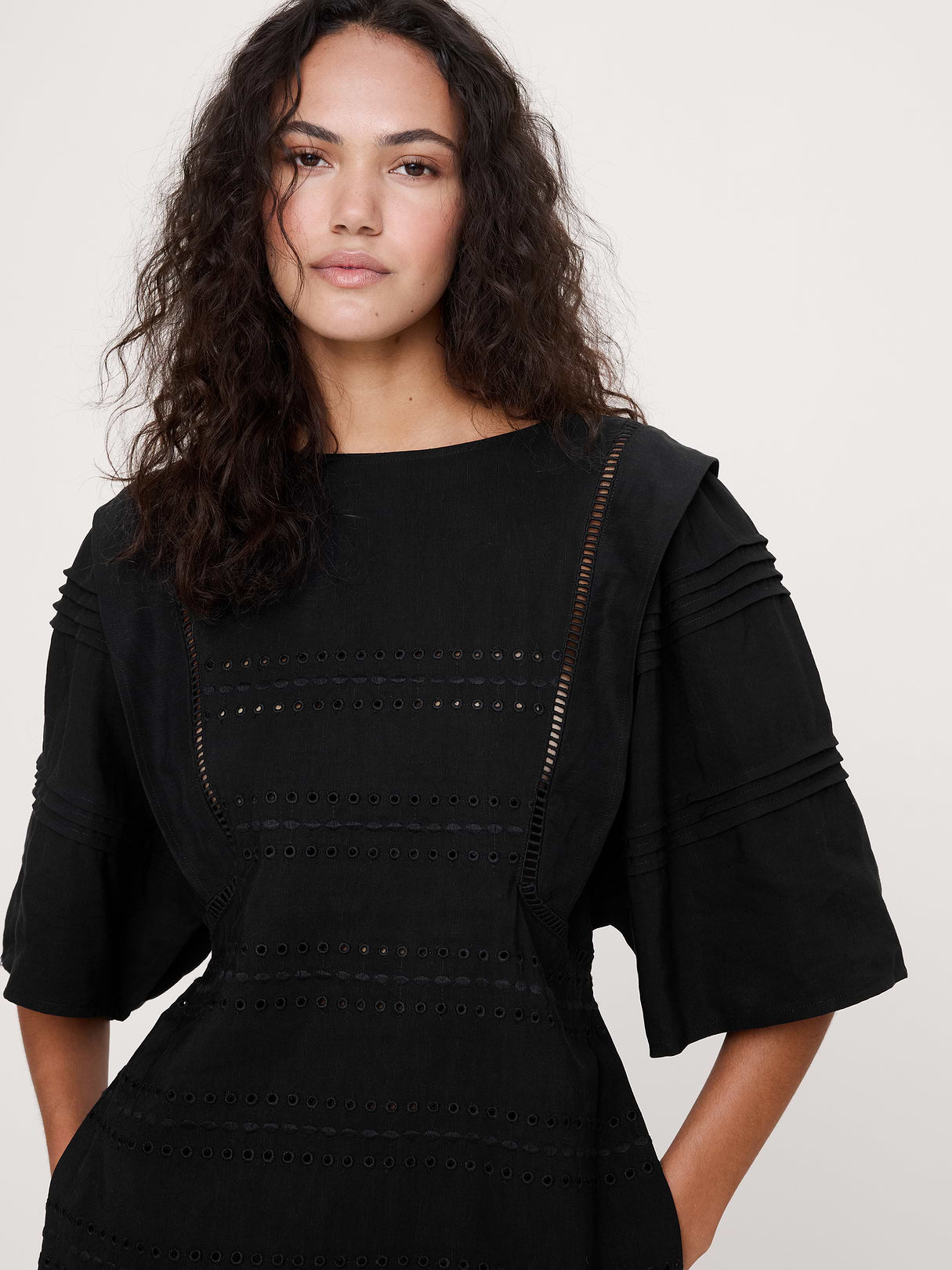 Tencel™-Linen Eyelet Mini Dress - Black with Embroidery