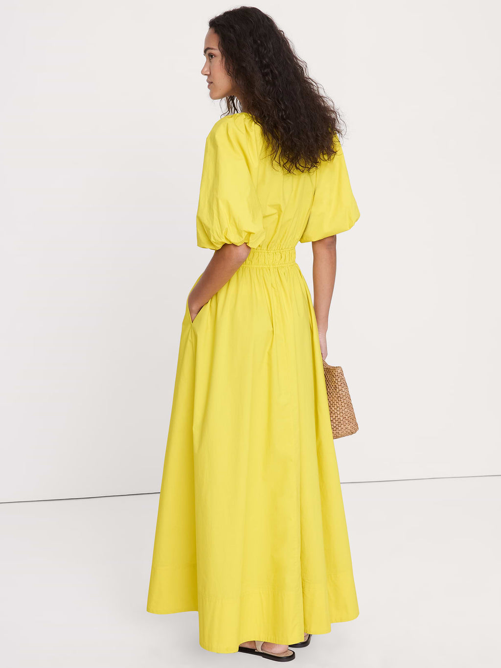Cotton Poplin Puff-Sleeve Maxi Dress - Snake Eye Yellow