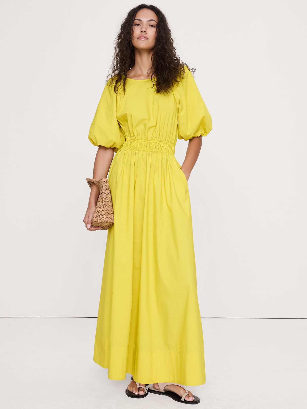 Cotton Poplin Puff-Sleeve Maxi Dress - Snake Eye Yellow