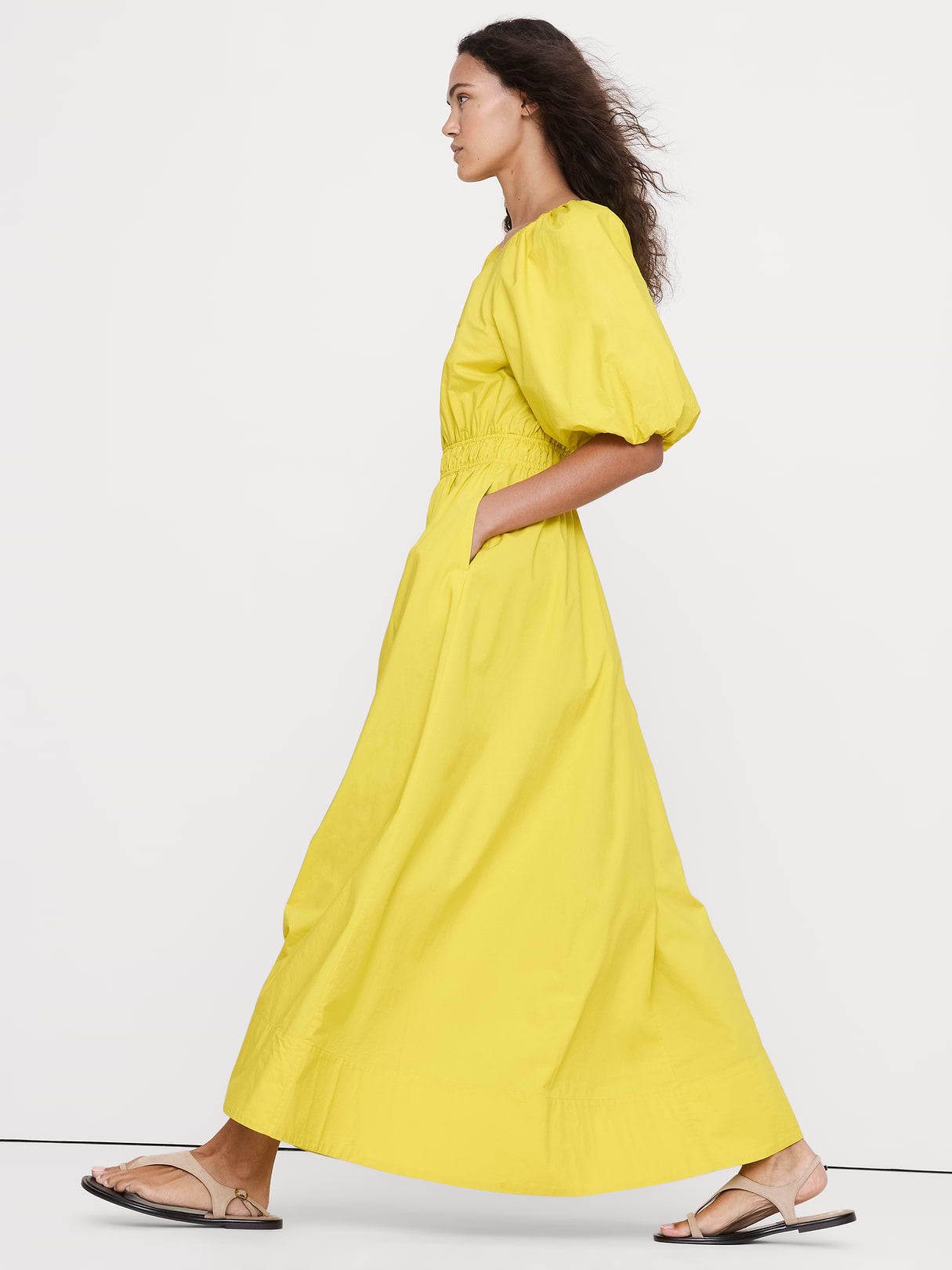 Cotton Poplin Puff-Sleeve Maxi Dress - Snake Eye Yellow