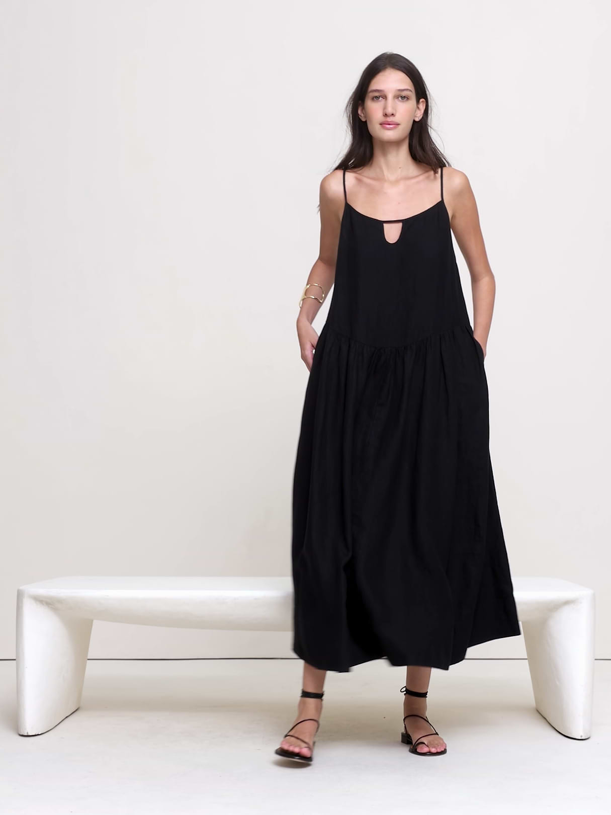 Linen Drop-Waist Maxi Dress - Black
