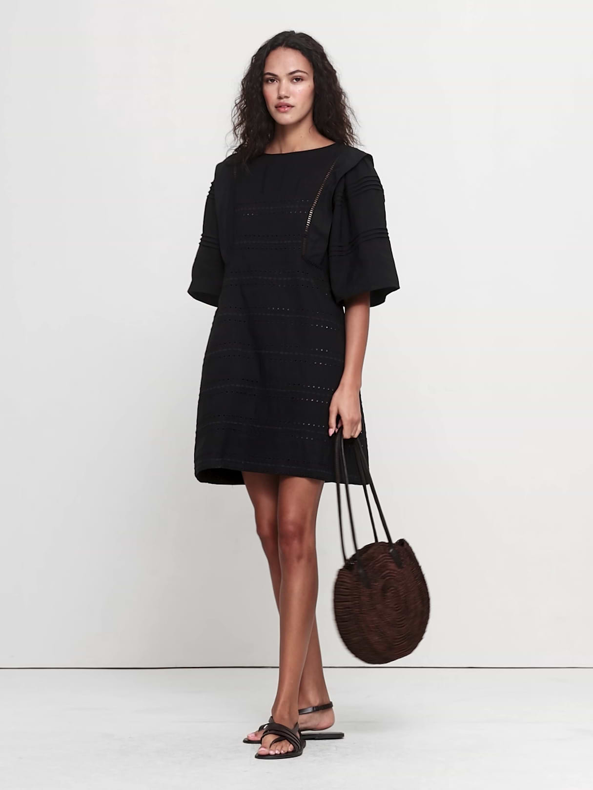 Tencel™-Linen Eyelet Mini Dress - Black with Embroidery