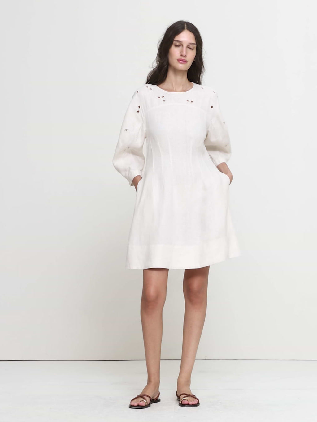 Eyelet Linen Mini Dress - Ivory with Embroidery