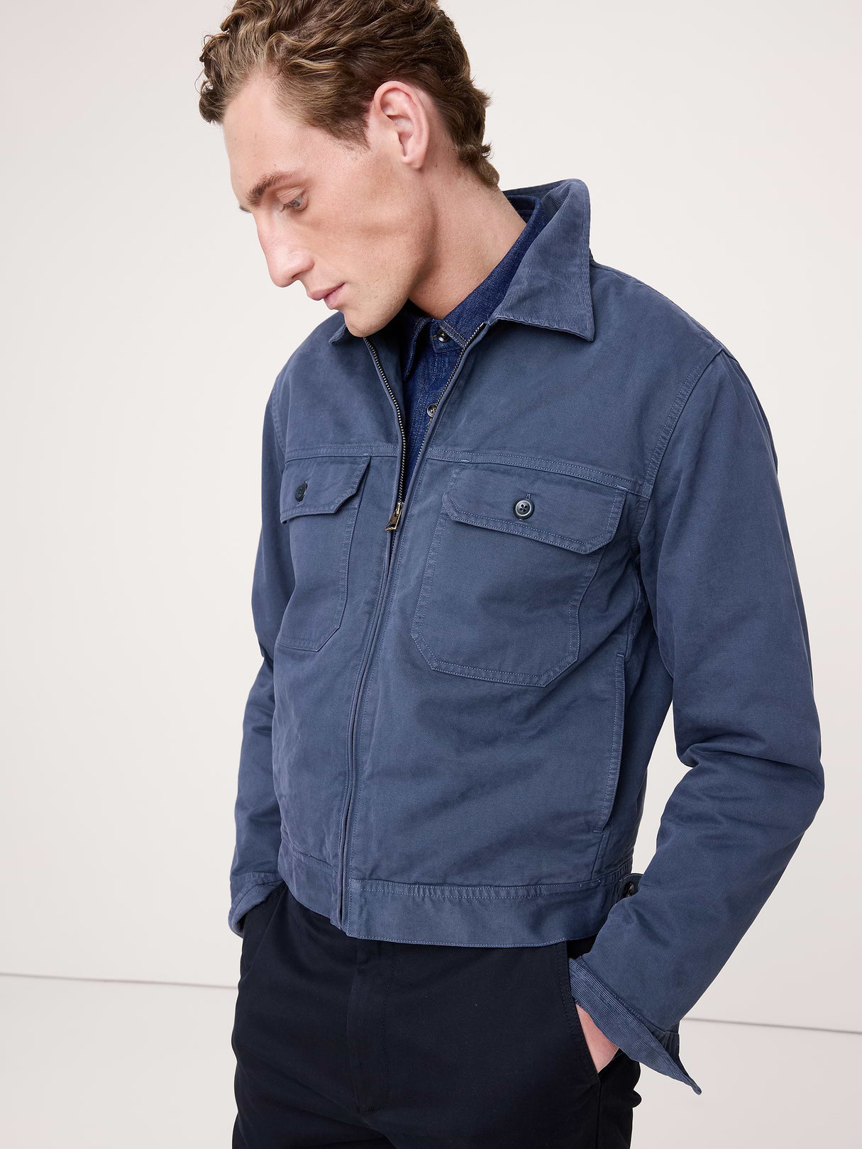 Cotton Twill Mechanic's Jacket with Corduroy Collar - Medium Blue