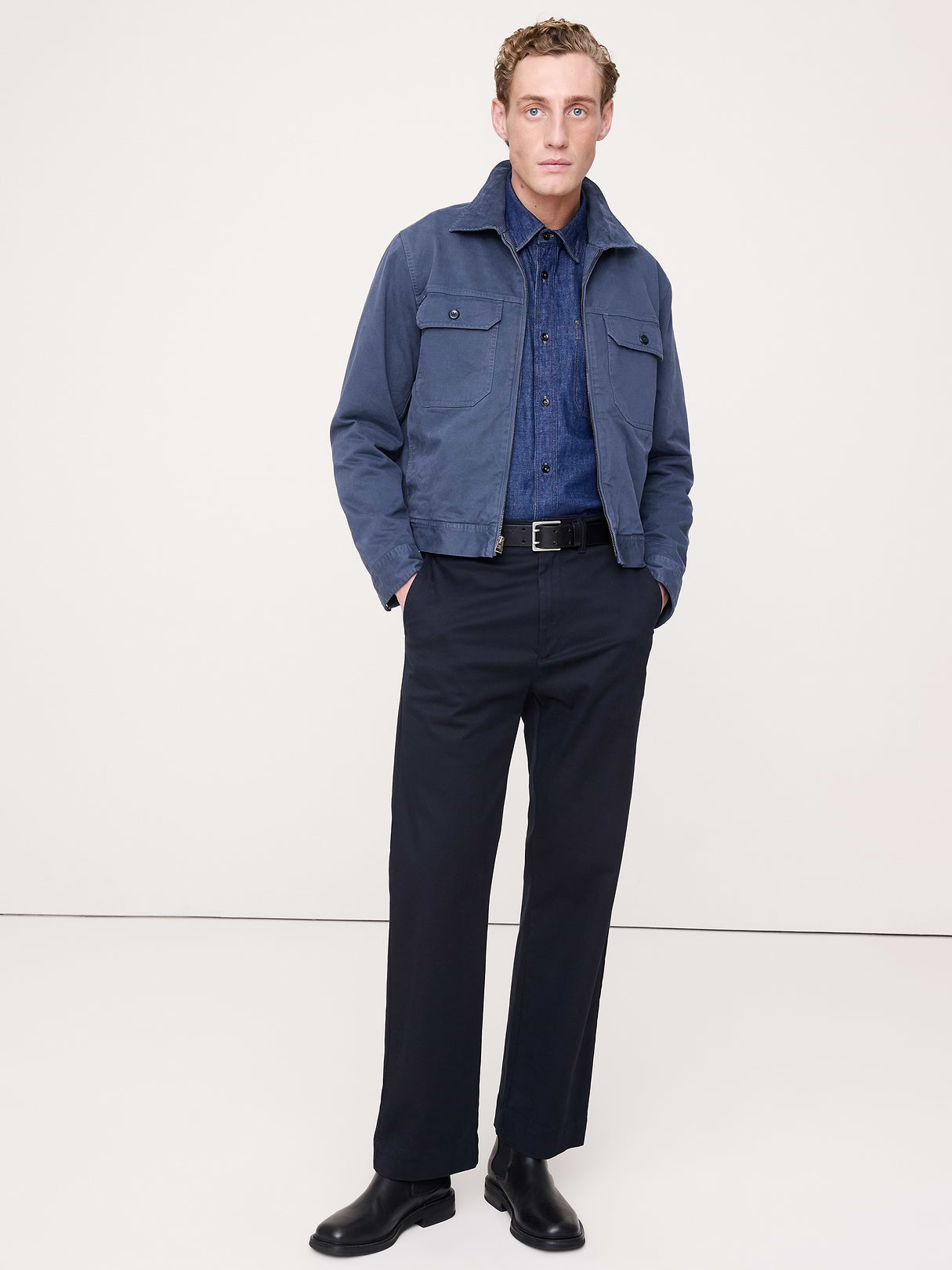 Cotton Twill Mechanic's Jacket with Corduroy Collar - Medium Blue