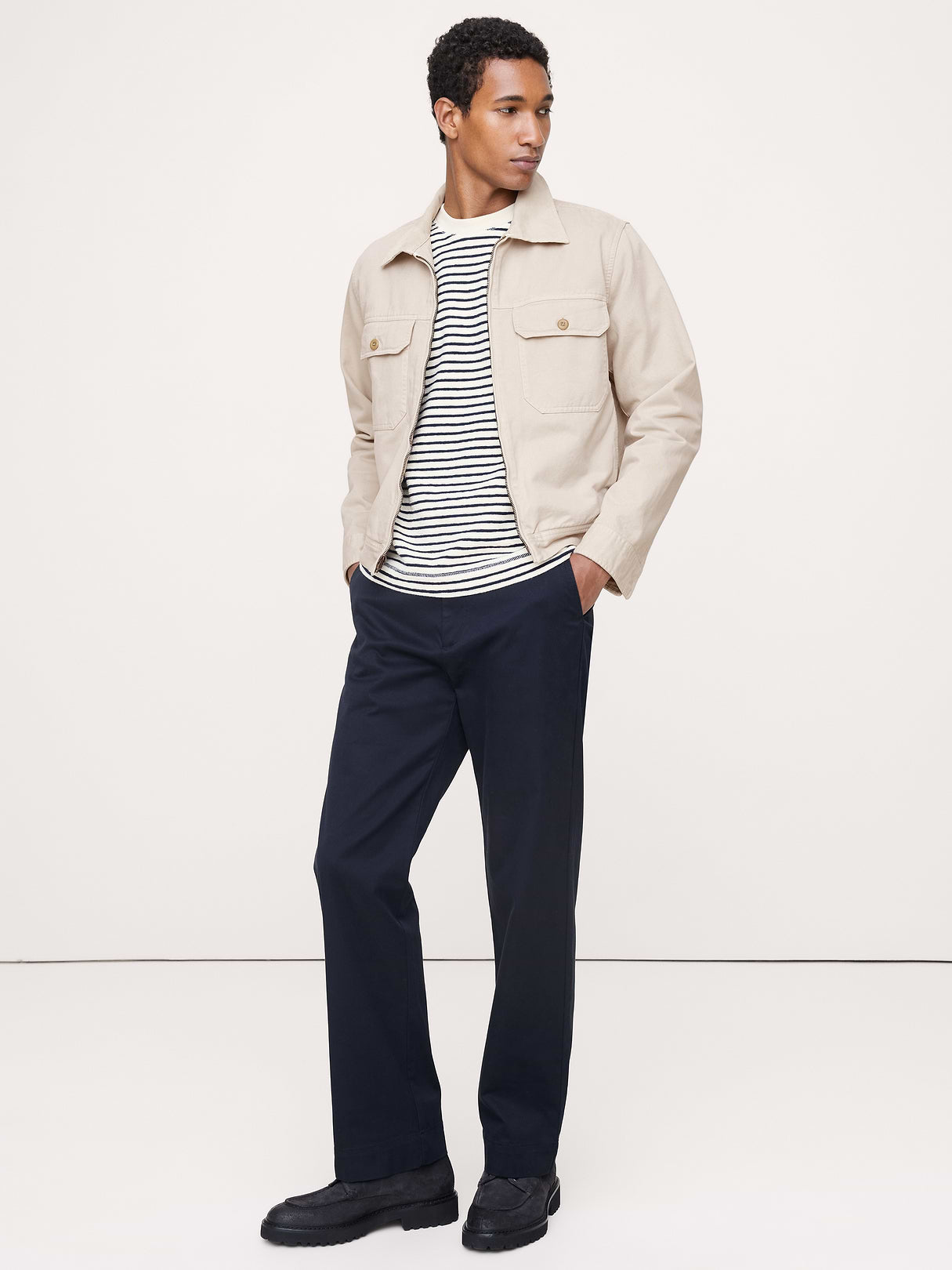 Cotton Twill Mechanic's Jacket with Corduroy Collar - Sand Khaki Beige