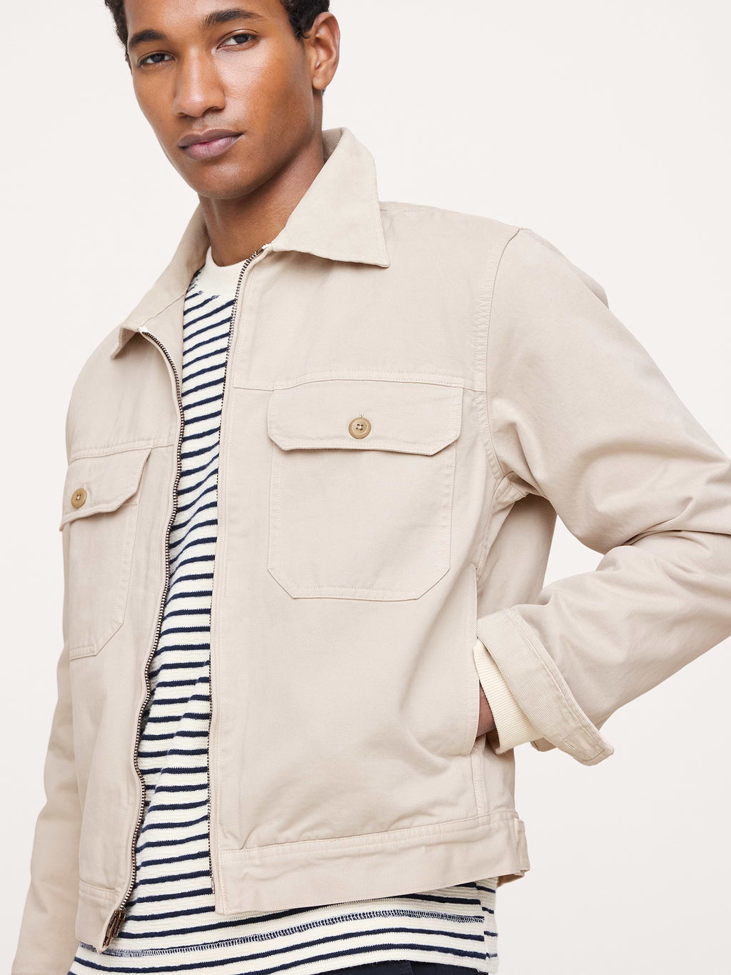 Cotton Twill Mechanic's Jacket with Corduroy Collar - Sand Khaki Beige