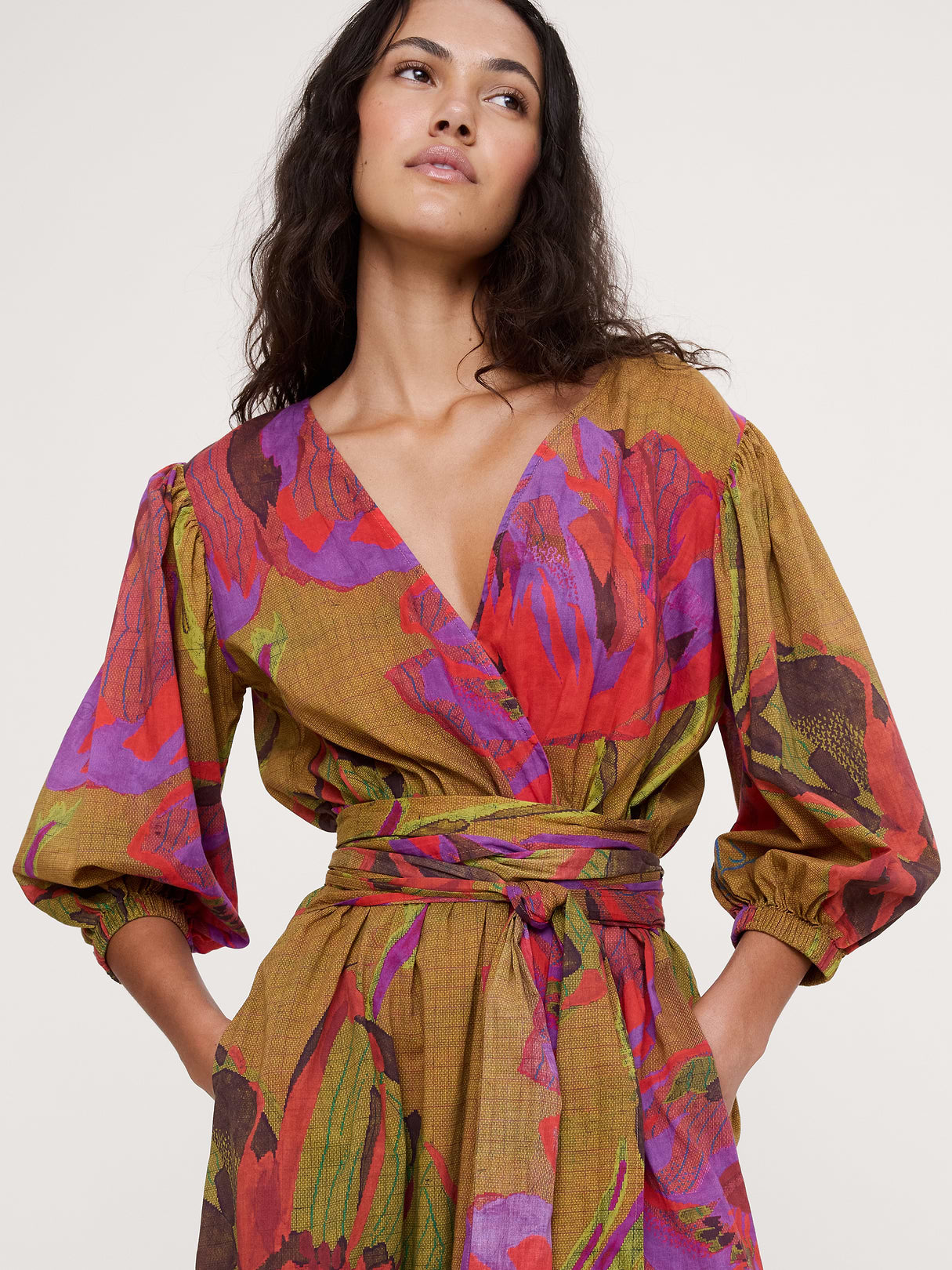 Lightweight Cotton Wrap Maxi Dress - Tan Floral