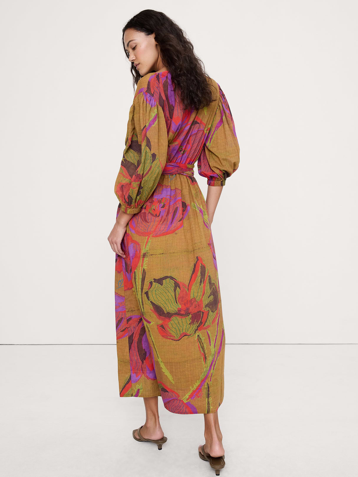 Lightweight Cotton Wrap Maxi Dress - Tan Floral