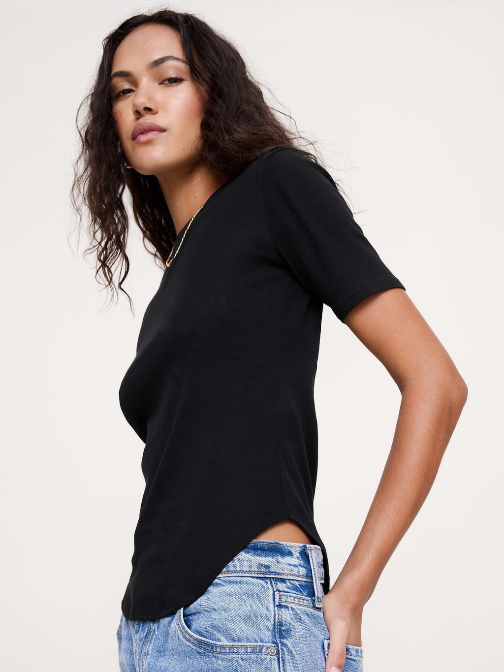 Airy Cotton Elbow-Sleeve T-Shirt - Black