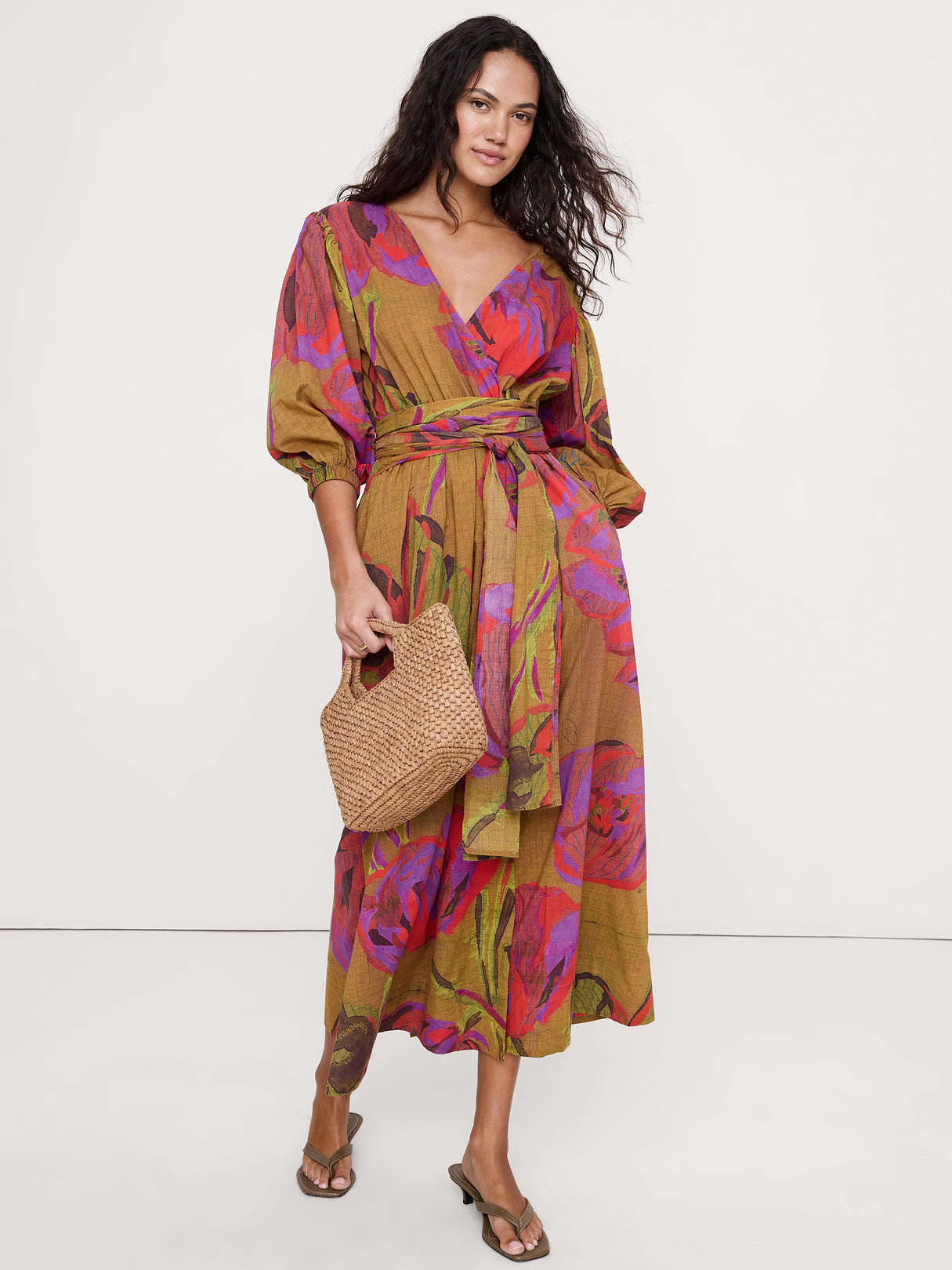 Lightweight Cotton Wrap Maxi Dress - Tan Floral