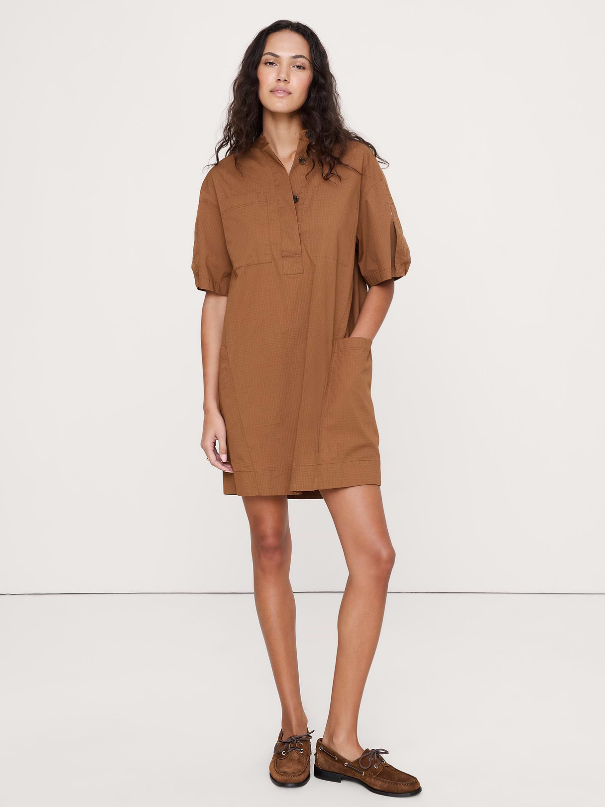 Utility Shift Mini Dress - Cinnamon Coffee Brown