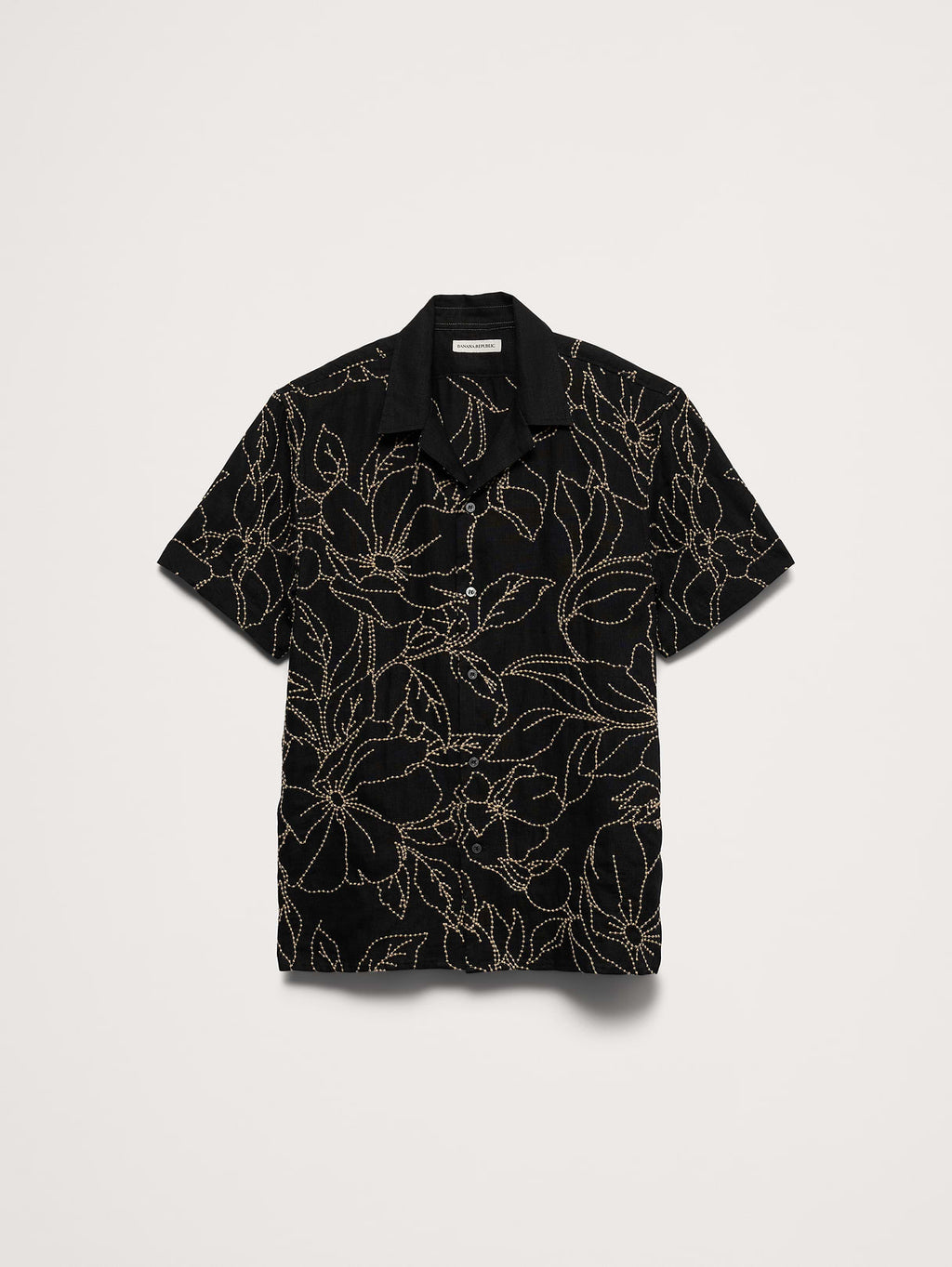 Standard-Fit Embroidered Linen Resort Shirt - Black