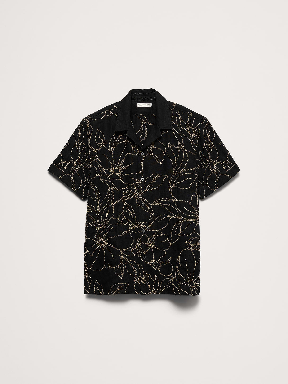 Standard-Fit Embroidered Linen Resort Shirt - Black