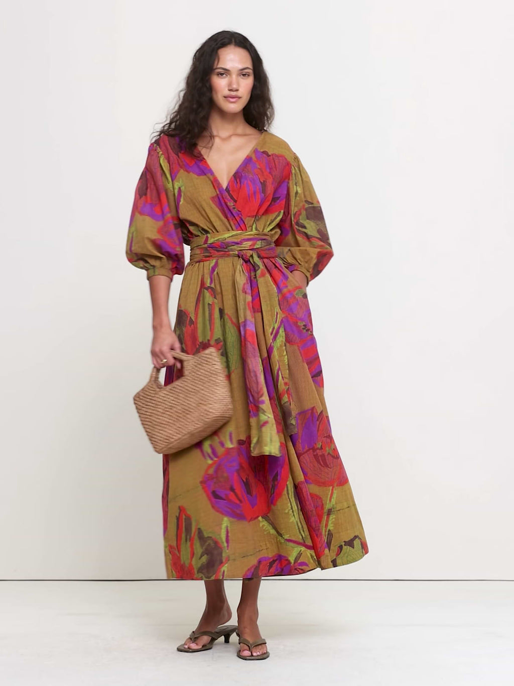 Lightweight Cotton Wrap Maxi Dress - Tan Floral