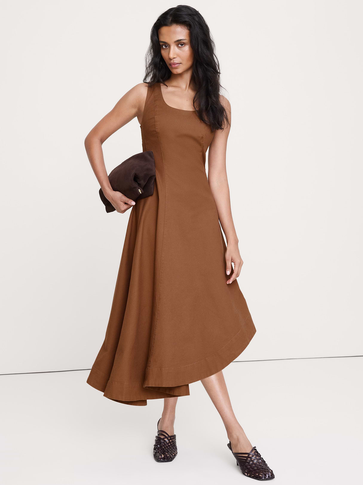Cotton Canvas Asymmetric Midi Dress - Cinnamon Coffee Brown