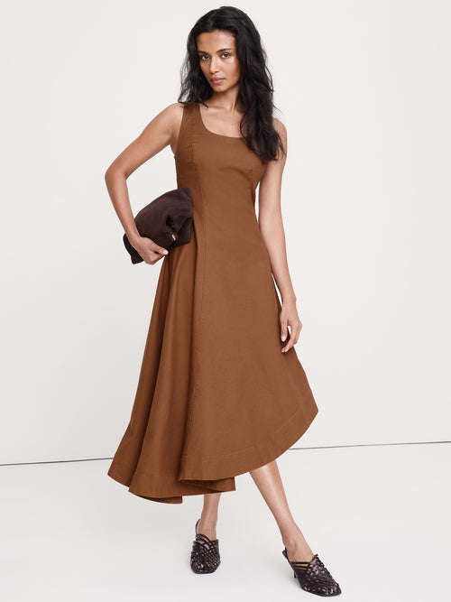 Cotton Canvas Asymmetric Midi Dress - Cinnamon Coffee Brown