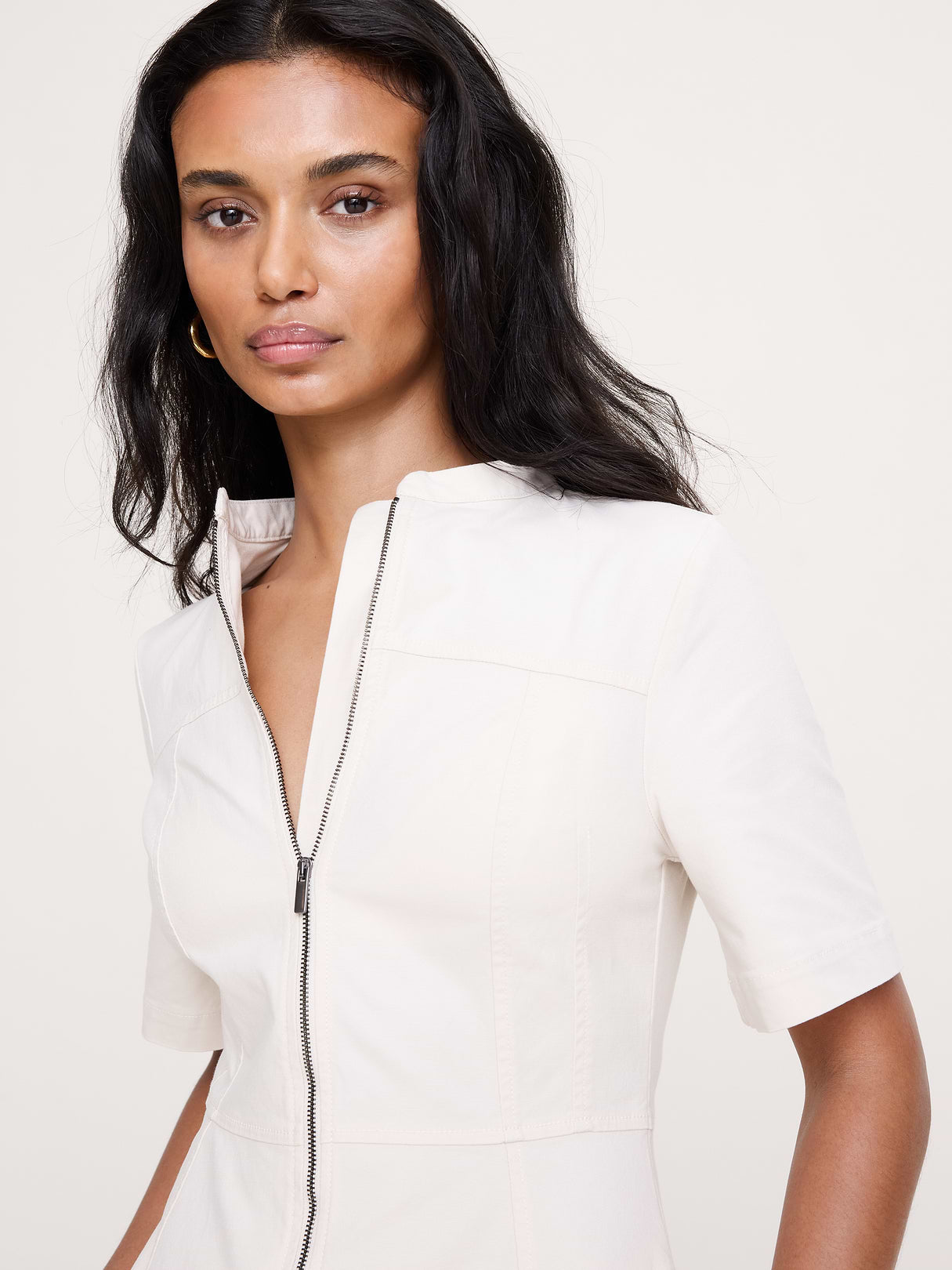 Cotton Canvas Zip-Front Dress - Cream White