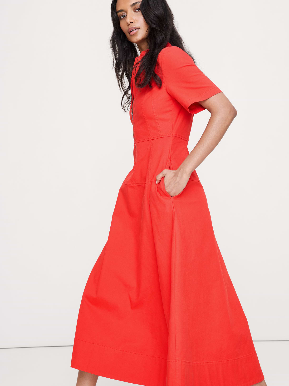 Cotton Canvas Zip-Front Dress - Hot Red