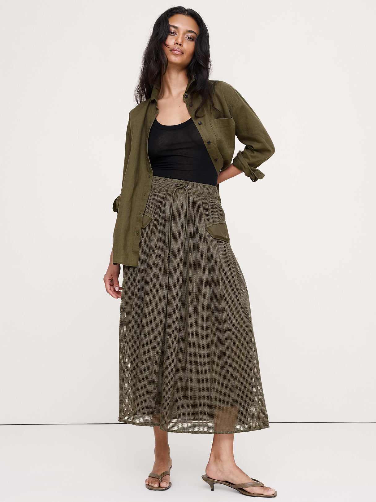 Mixed Media Utility Skirt - Fresh Olive Green