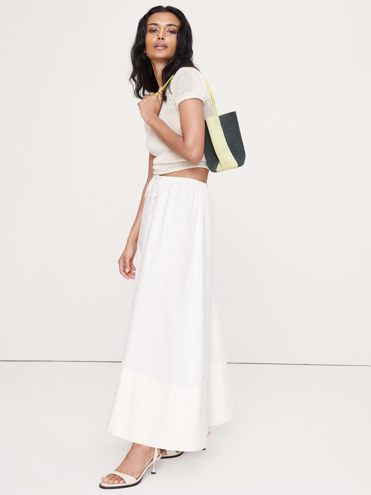 Cotton Poplin Drawstring Maxi Skirt - Cream White